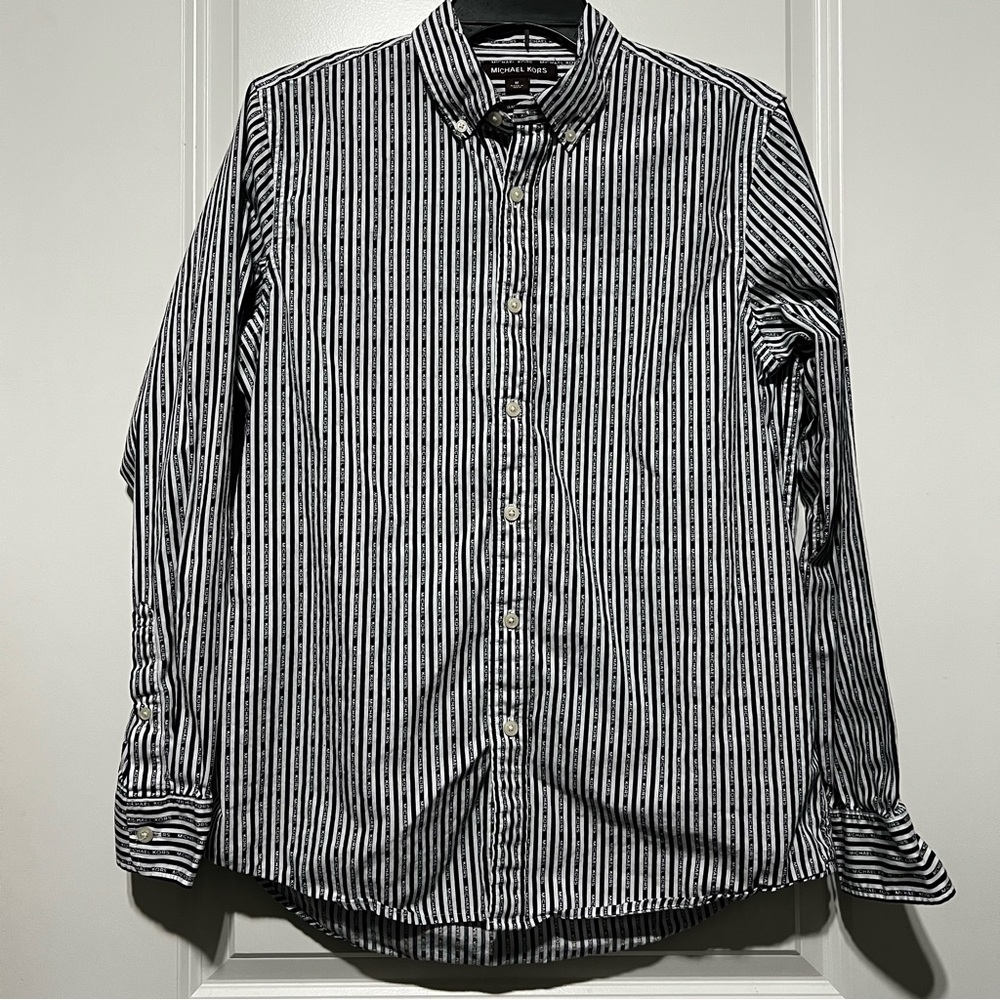 Michael Kors Men’s Striped Dress Shirt in White/Navy